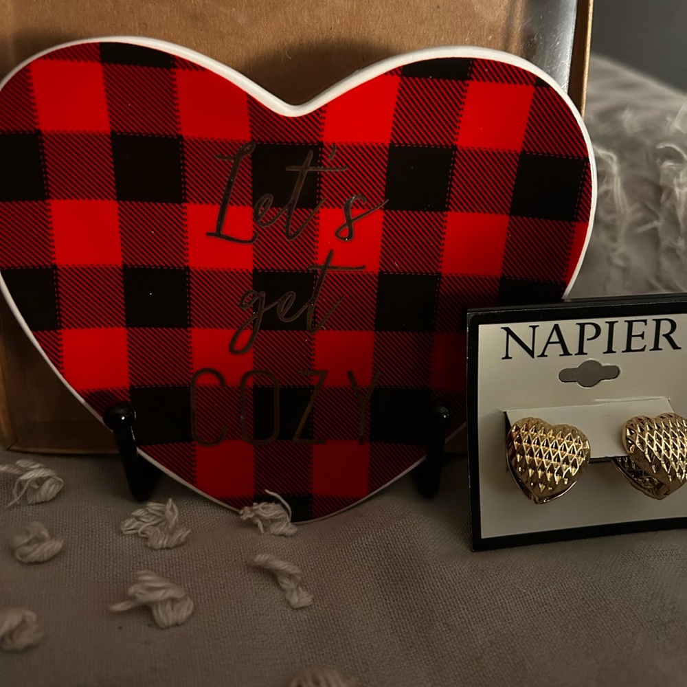 Napier Gold Heart Earrings with Red Plaid “Lets Get Cozy” Dish.